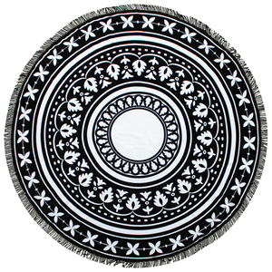 Round black and white decorative printed beach towel with black fringe
