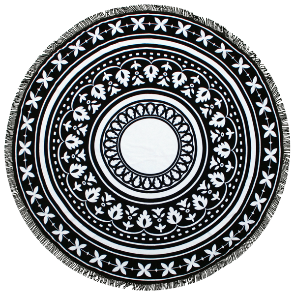 Round black and white decorative printed beach towel with black fringe